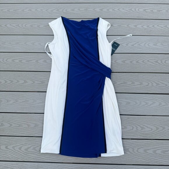 NWT LAUREN Ralph Lauren Blue White Colorblock Ruched Jersey Sheath Dress 16 - Picture 4 of 5